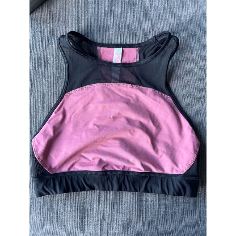Victoria's Secret PINK Ultimate Sports Bra High Neck Racerback Black Mesh Logo M
